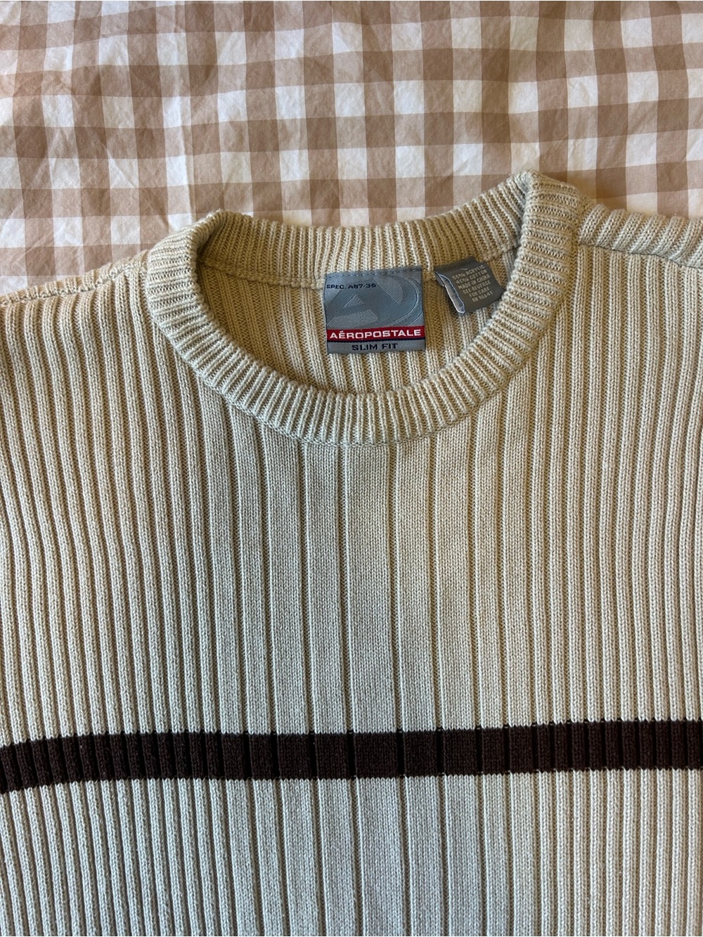 Aeropostale Slim Fit Cream Stripe Ribbed Sweater vintage